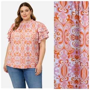 Chic Soul Ruffle Sleeve Boho Print Blouse 1X Pink Orange Retro Mod Artsy Top